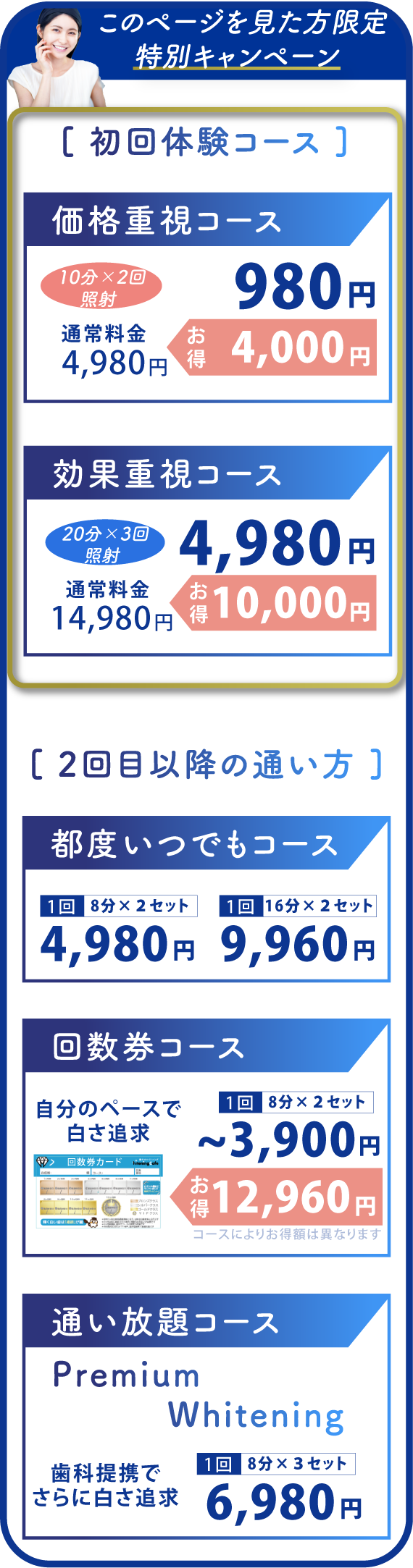 お得な回数券 4回4,500円コース料金：18,000円 1,920円 お得  8回（人気NO.1）4,200円コース料金：33,600円 6,240円 お得  12回（人気NO.2）3,900円コース料金：46,800円12,960円 お得