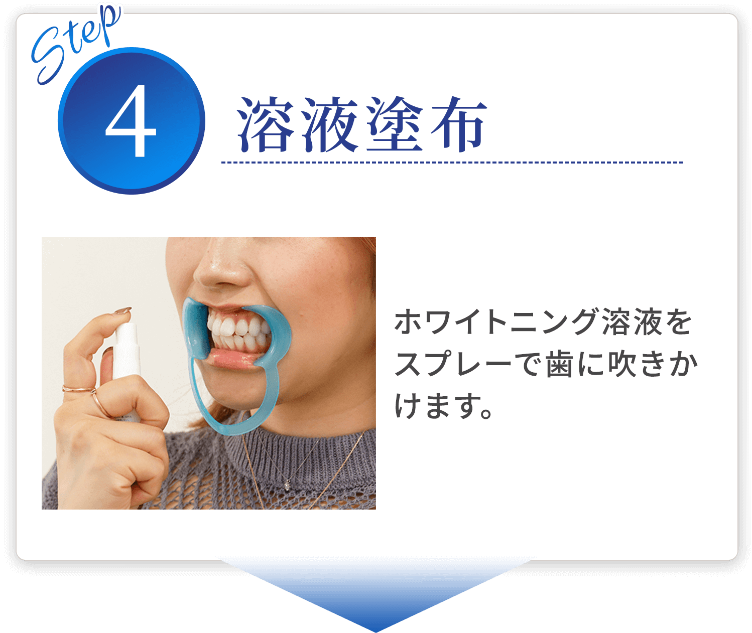 step04 溶液塗布 ホワイトニング溶液をスプレーで歯に吹きかけます。
